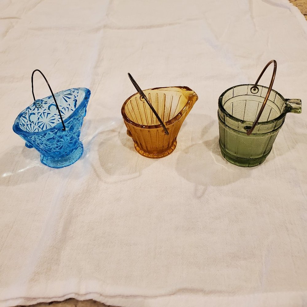 Lot of 3 Miniature Glass Buckets with Metal Handles